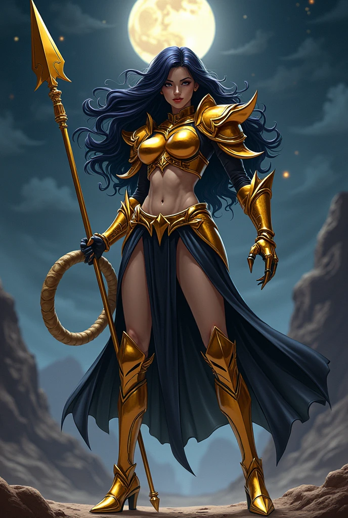 Create a fierce and enigmatic Amazon warrior inspired by the Knights of the Zodiac, wearing the golden Scorpio armor. She stands in a powerful, alluring pose, exuding intensity, mystery, and a deep, almost hypnotic strength. Her armor should feature scorpion motifs, with a prominent scorpion tail design that curves from her back or shoulders, and intricate patterns resembling scorpion claws on her gauntlets and boots, symbolizing the lethal and protective nature of the Scorpio sign. The golden plating should be sharp and sleek, with dark, shadowy undertones that reflect her connection to the hidden and the powerful. Her hair, possibly in deep shades of black or dark purple, flows wildly, adding to her fierce presence. She wields a deadly weapon, such as a golden spear or a whip, both glowing with a dangerous, venomous energy. The backdrop should be a mysterious, dark landscape, perhaps a moonlit desert or a rocky, otherworldly terrain, with a sky filled with stars or swirling mists, emphasizing her connection to the shadows and the unseen. The scene should capture the original anime style, blending realism with fantasy, and highlighting the intense, powerful, and mysterious essence of the Scorpio Amazon."