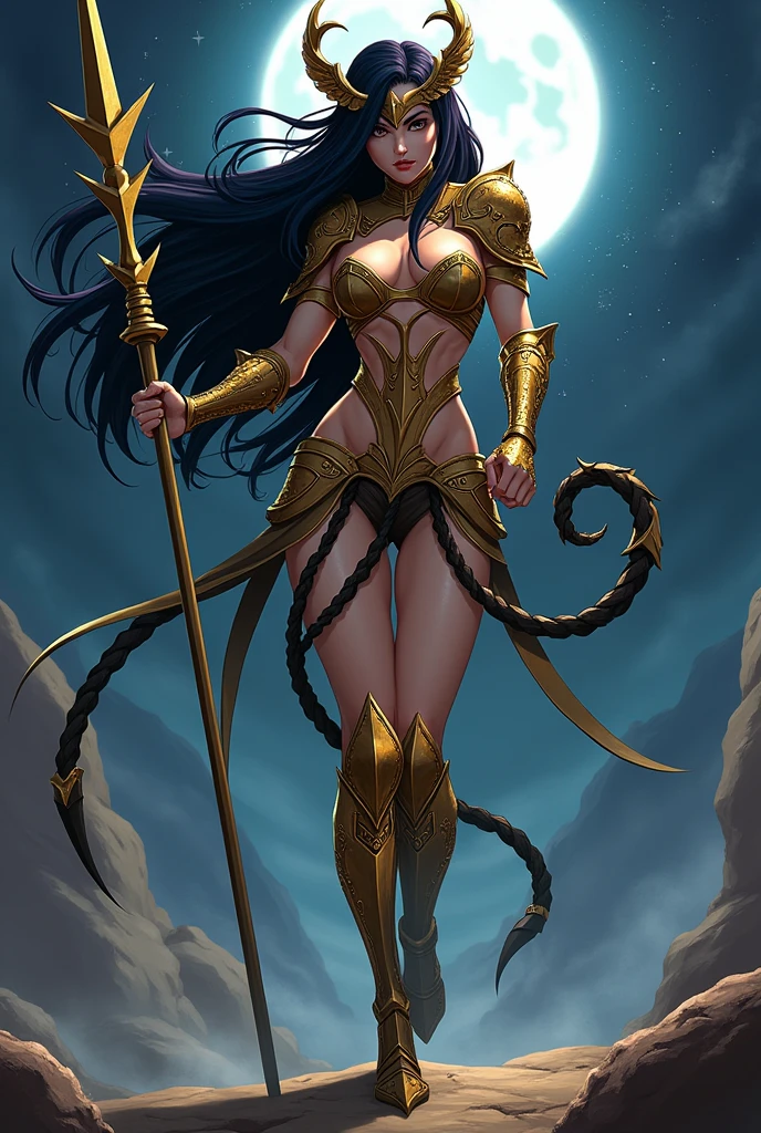 Create a fierce and enigmatic Amazon warrior inspired by the Knights of the Zodiac, wearing the golden Scorpio armor. She stands in a powerful, alluring pose, exuding intensity, mystery, and a deep, almost hypnotic strength. Her armor should feature scorpion motifs, with a prominent scorpion tail design that curves from her back or shoulders, and intricate patterns resembling scorpion claws on her gauntlets and boots, symbolizing the lethal and protective nature of the Scorpio sign. The golden plating should be sharp and sleek, with dark, shadowy undertones that reflect her connection to the hidden and the powerful. Her hair, possibly in deep shades of black or dark purple, flows wildly, adding to her fierce presence. She wields a deadly weapon, such as a golden spear or a whip, both glowing with a dangerous, venomous energy. The backdrop should be a mysterious, dark landscape, perhaps a moonlit desert or a rocky, otherworldly terrain, with a sky filled with stars or swirling mists, emphasizing her connection to the shadows and the unseen. The scene should capture the original anime style, blending realism with fantasy, and highlighting the intense, powerful, and mysterious essence of the Scorpio Amazon."