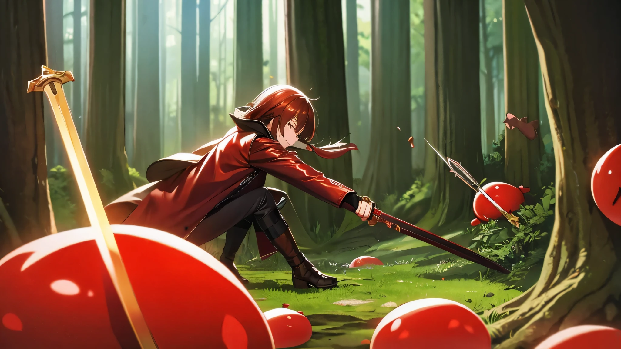 warrior wearing leather overcoat attacking with sword red slimes in forest