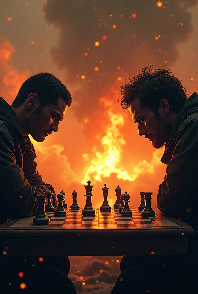 ''Chess with Novais'' written with a board in the background, theme with fire and explosions