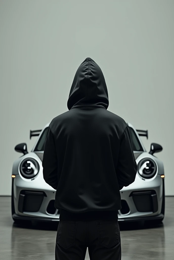 A man with his back turned and in front of him a Porsche GT3, the man with a black sweatshirt with the hood over his head, put him on his back