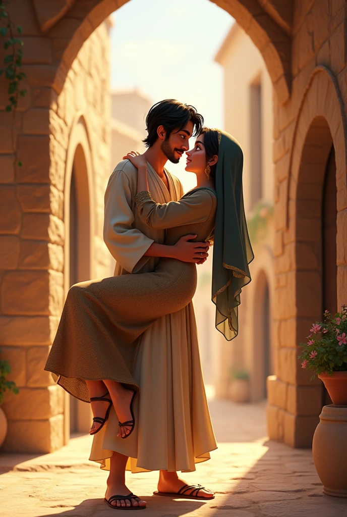 In a Disney Pixar style Create a young man dressed in a biblical times style robe with black hair and eyes, and beard, Lifted up by the waist a pretty young woman with black hair and eyes wearing a hijab on her head, in a stone house in a biblical-style village in Jerusalem.