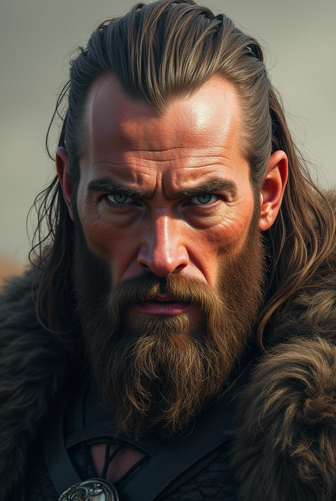 Create a real image of the character Ragnar Letothbrok from the Vikings series to make a tattoo 

