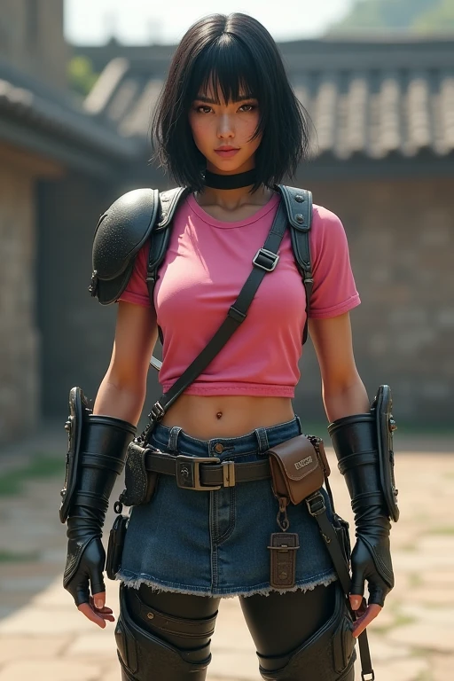 Woman warrior、gloves、Utility Belt、Sweat、(Stone outdoor arena)、Trained biceps、Medium Hair、(Pink jersey)、Shingard、Knee pads、Shoulder Armor、Chest Armor、head band、Denim skirt、tights、Black Hair、Elbow pads、Realistic