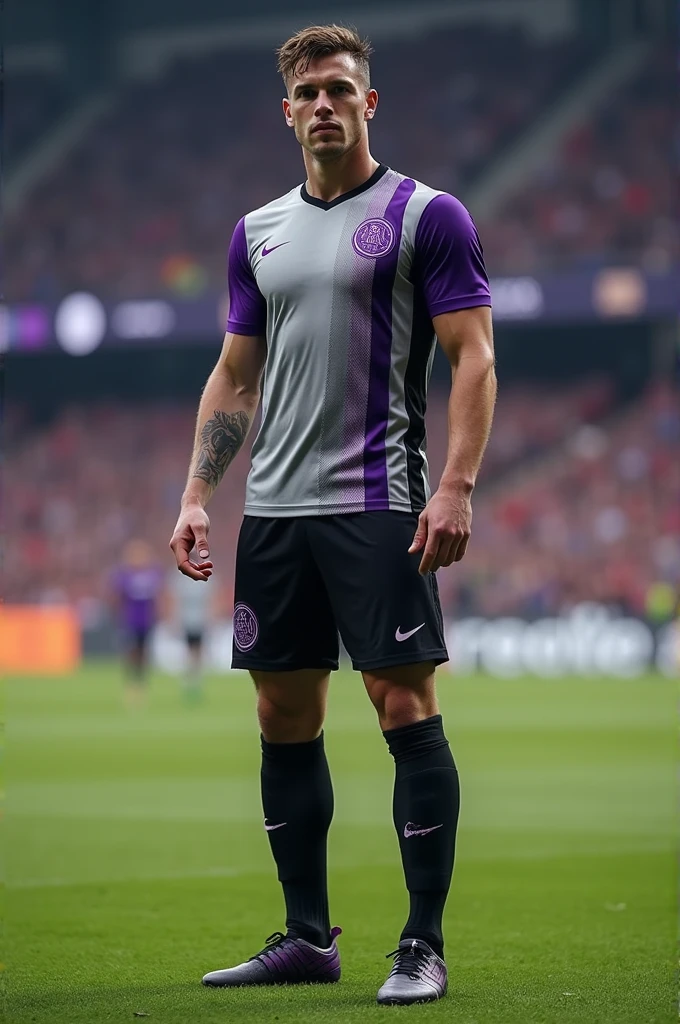 Soccer uniform with gray black purple colors with a real Warriors logo