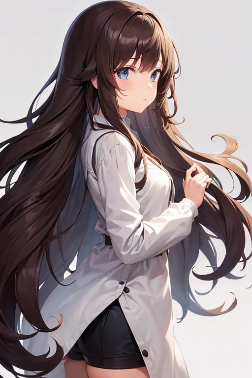 a girl, beautfui, long brown hair, smart, from side