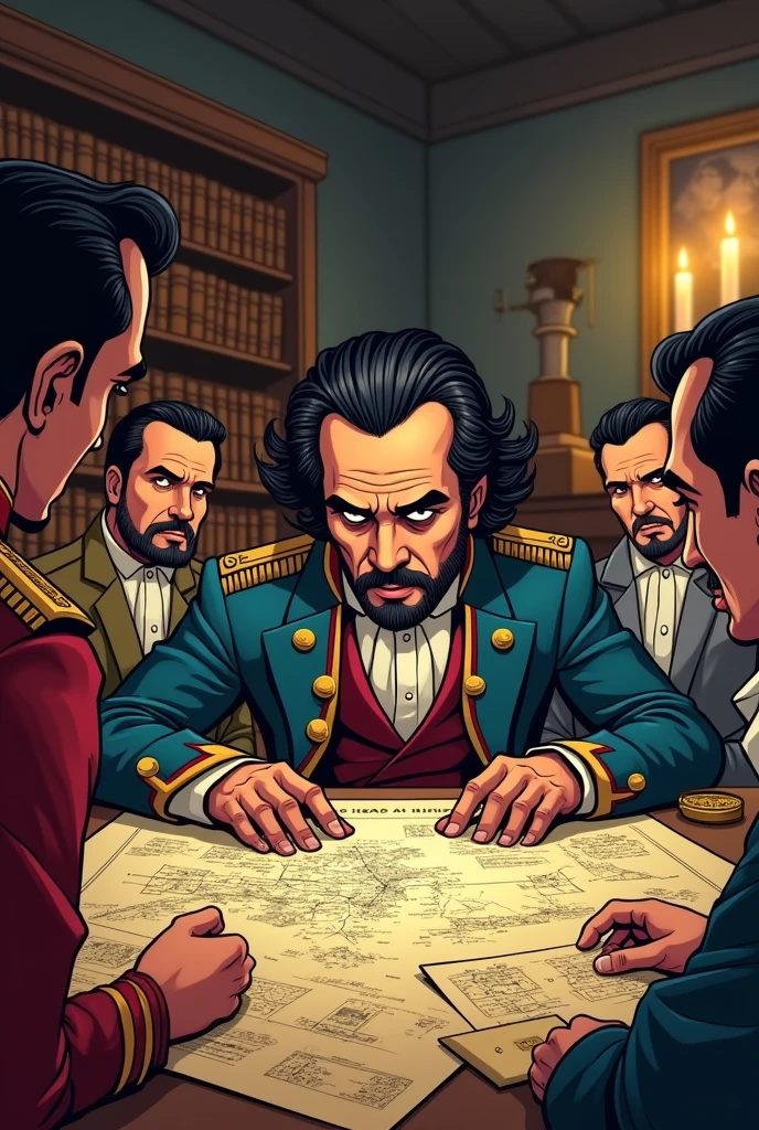 Military planning of Simon Bolivar's war in Peru in cartoon