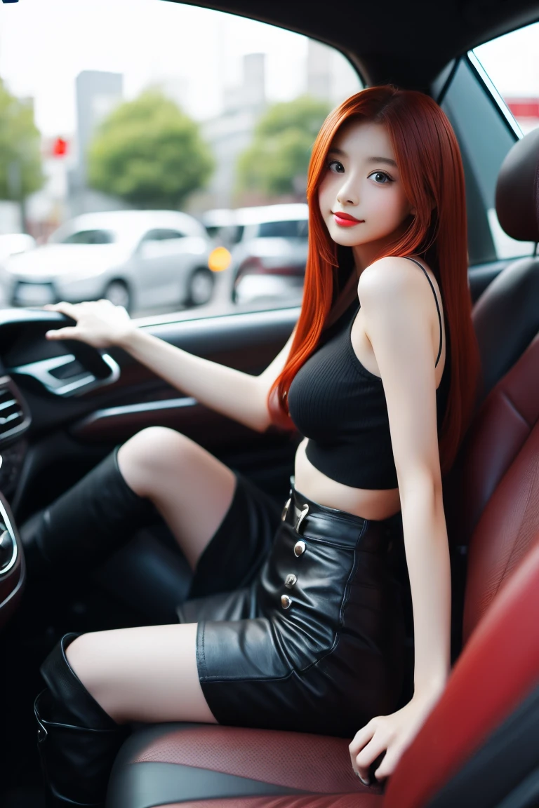 A beautiful woman、Long Red Hair、Brown eyes、Red lipstick、Large Breasts、Thin arms、Narrow waist、Big Ass、Thin legs、Black boots、Before the car、Sit facing forward with your legs bent