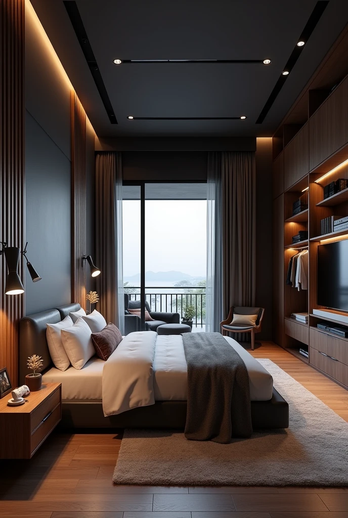 Make a stylish bedroom with black and wood colors, where you have a large closet next to the bed, In the front there is a TV with a PS5 and behind there is a large balcony and on the other side there is a bathroom.