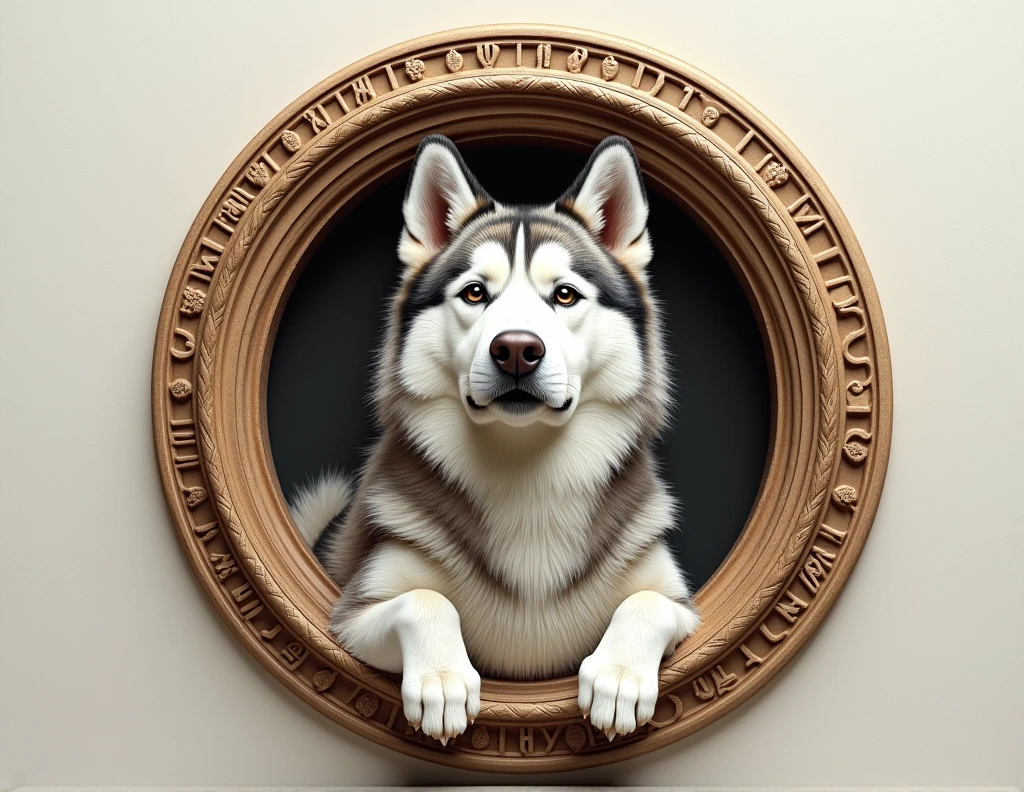 a Round Ornament in the style of Pino Daeni Impressionism. A 3D Relief image of a Malamute, Chest shot, Closeup, popping out of the 2D ornament.
The artwork should have detailed textures. It is to be displayed on paper, showcasing intricate details and depth through layers portraying the unconditional love of a pet, and the harmony, balance, and serenity that a pet dog has to offer. 
The 2D circular ornament is trimmed with a band of sacred geometry.