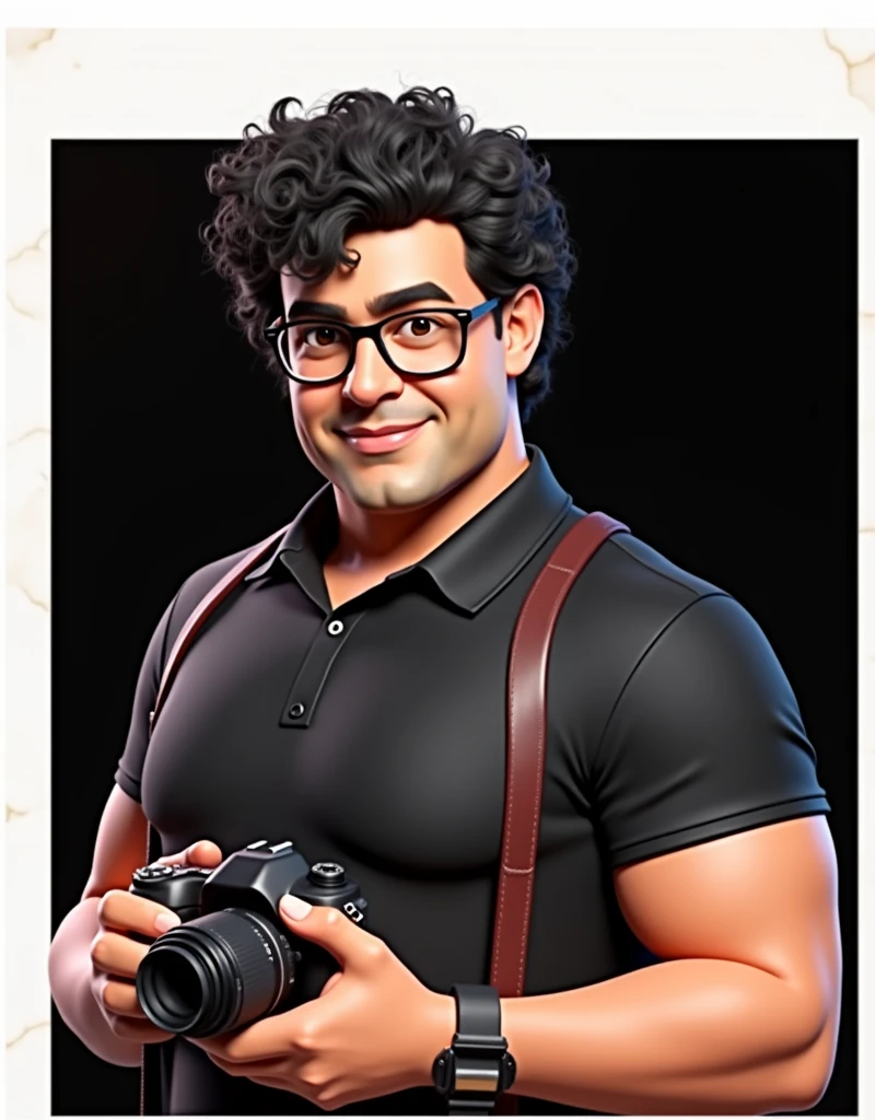 Cartoon character of a man with black glasses, Dark black curly hair and a black shirt, animation character, camera in hands, stylized character, animation style rendering, 3D stylized, Arnold Maya rendering, Render 3D stylized, Toon render keyshot, 3D character, 3D character, Stylized 3D rendering, 3d character rendering, cartoon character, Close-up character, Character pose, (pixar style) (master part:1.2) (bokeh) (Best Quality) (detailed skin) (detailed texture) (8k) (clay) (cinematic lighting) (sharp focus
