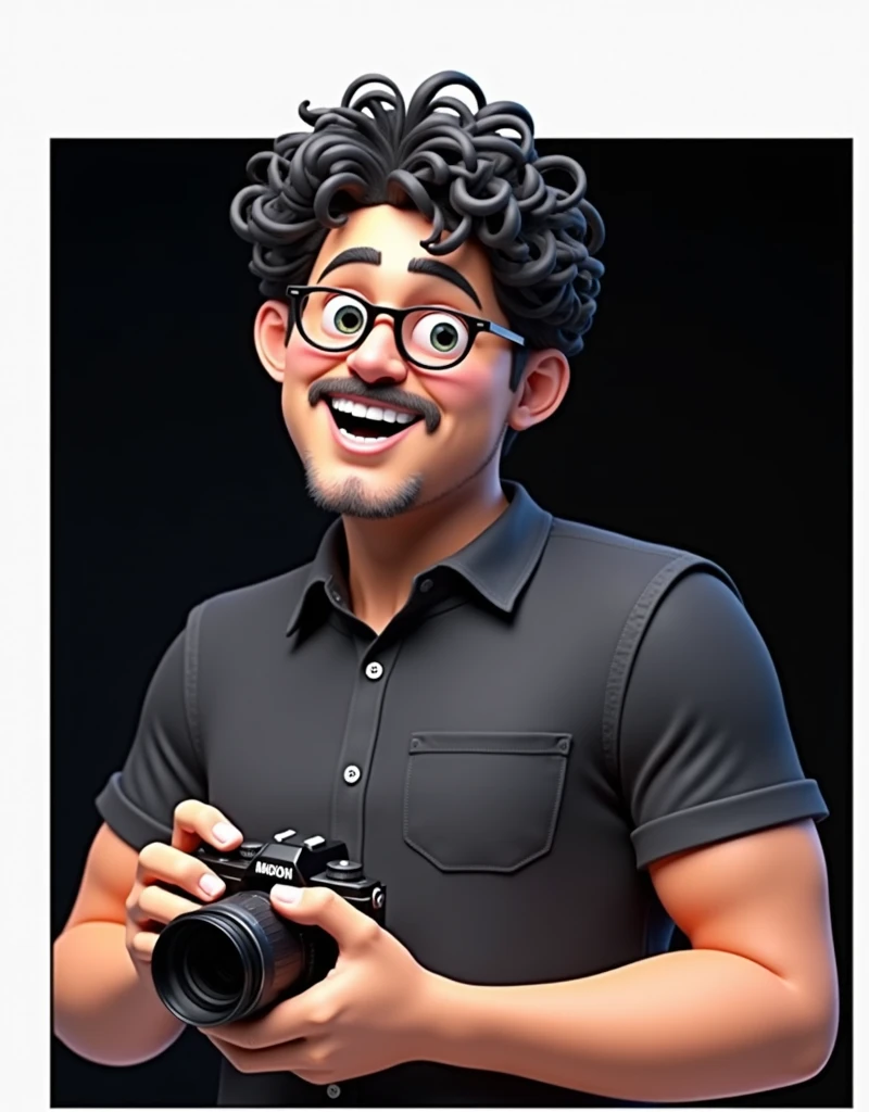 Cartoon character of a man with black glasses, Dark black curly hair and a black shirt, animation character, camera in hands, stylized character, animation style rendering, 3D stylized, Arnold Maya rendering, Render 3D stylized, Toon render keyshot, 3D character, 3D character, Stylized 3D rendering, 3d character rendering, cartoon character, Close-up character, Character pose, (pixar style) (master part:1.2) (bokeh) (Best Quality) (detailed skin) (detailed texture) (8k) (clay) (cinematic lighting) (sharp focus