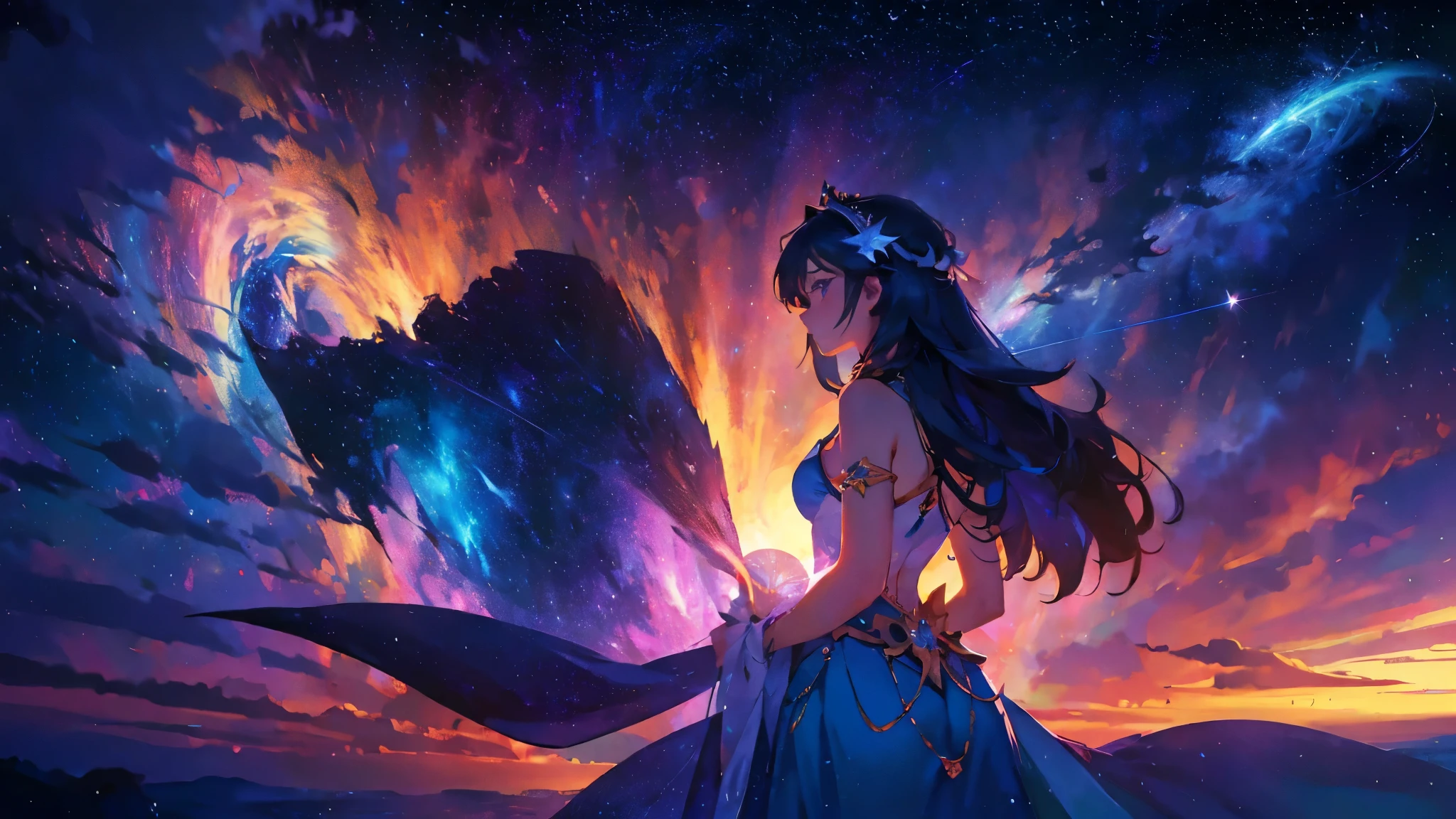 8K resolution, masterpiece, Highest quality, Award-winning works, unrealistic, sole sexy lady, healthy shaped body, elegant, white wavy long hair, hair band, big firm bouncing bust, Royal Jewel, nature, Symmetric, A fighting girl gazing at the stars (Zoom out: 1.1), (Meteors: 1.2), (comet:1.1), cloud, colorful, starry, stars your name, Alolan Volaris Shooting Star, Low angle, From the back, cloud, colorful, Starry Sky, Fantasy, Unreal 5, Surreal, Dynamic Lighting, Complex colors, detailed face, detailed Beauty,
