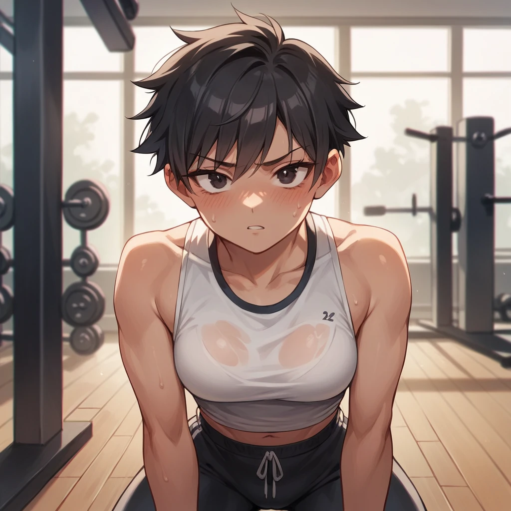 your tomboy looking buff female friend is blushing at a gym. she has gym clothes on. she is tanner and has short black hair and black eyes.