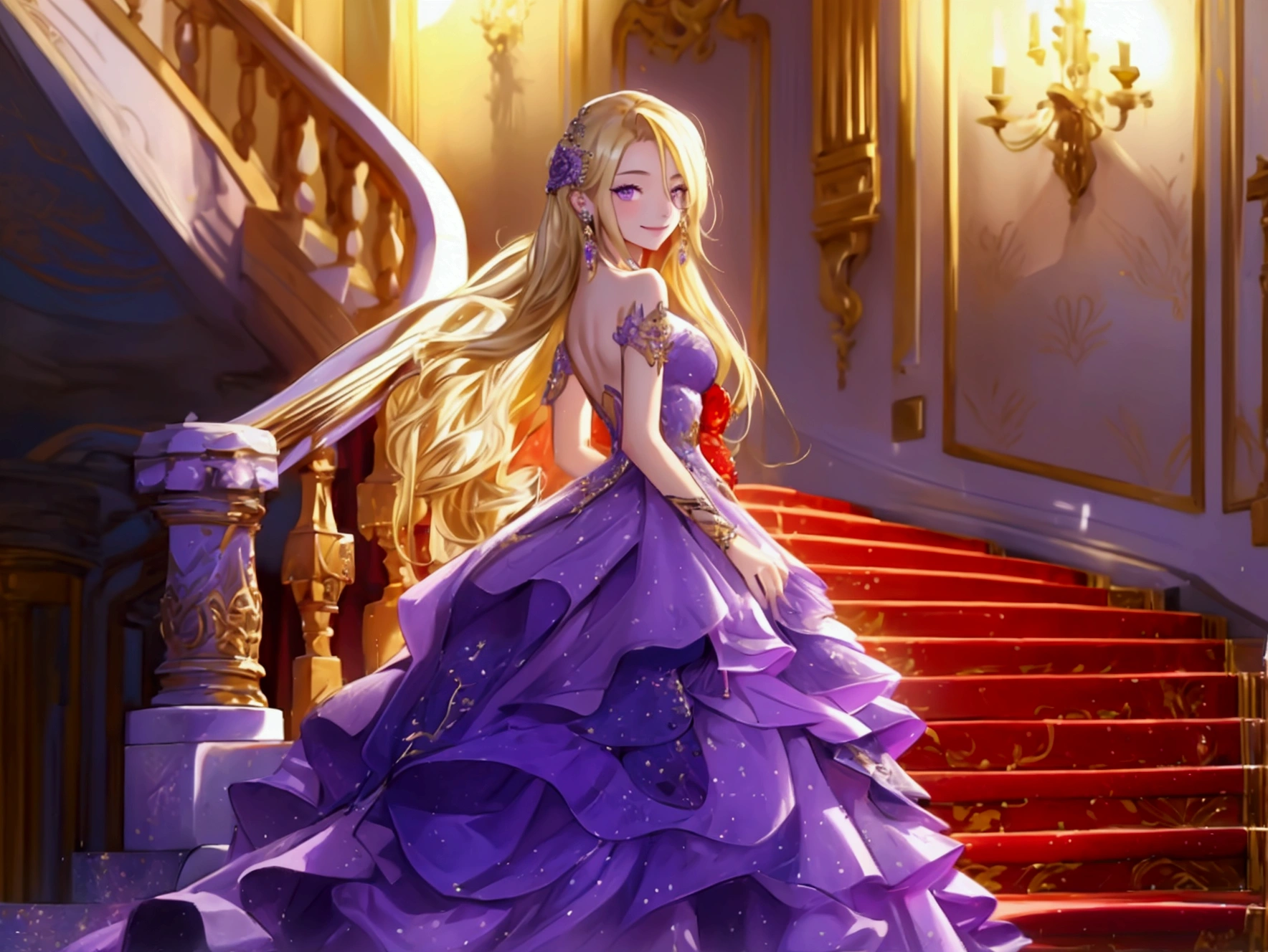 a high resolution, 1 girl, long hair, blonde hair, looks at the viewer, Smile, Jewelry, purple eyes, earrings, beautiful ball gown, red ball gown, full length,movement lines, Shine, luxury staircase background,