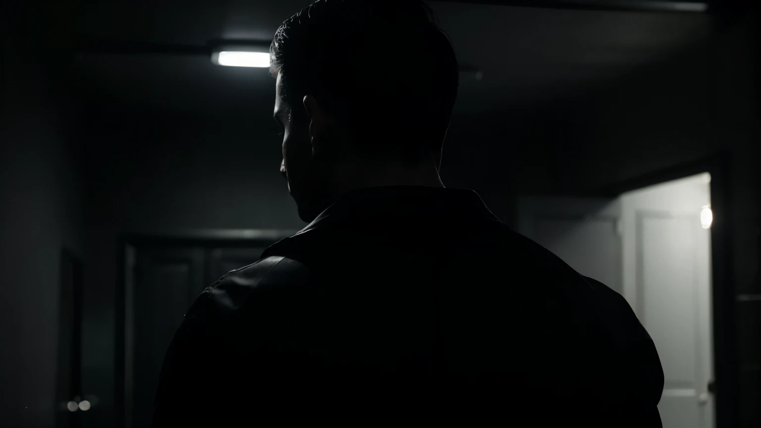 A man standing in a dark room, un hombre de espaldas, visto desde atrás, pov back, it's night, both have their eyes closed, dramatic chiaroscuro lighting, moody atmosphere, cinematic, emotional, (best quality,4k,8k,highres,masterpiece:1.2),ultra-detailed,(realistic,photorealistic,photo-realistic:1.37),dramatic lighting,dramatic shadows,moody atmosphere,cinematic composition,emotional expression,closed,strong chiaroscuro,dramatic contrast,dramatic lighting,