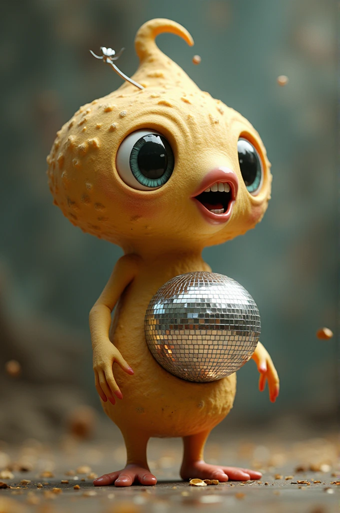 a peanut shaped head with mouths for eyes and eyes for nose and a disco ball for a mouth