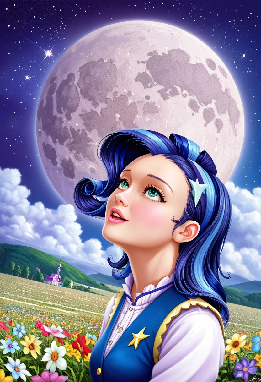 A girl on a meadow,Many stars shining in the wide sky,Shining Star,milky way,full moon,I look up and see,Wildflowers are in full bloom,Pure World,masterpiece,Highest quality,最高masterpiece,Detailed anime art,Digital Art,