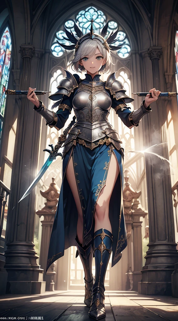 Make a 'kitbash' of Lenneth from 'Valkyrie profile' and 2B from 'Nier: Automata', combine 2B and Lenneth, solo, 1girl, BREAK: ((bright sapphire blue plate mech4rmor)), (boob window), thigh cutout, long skirt, (blindfold:1.27), wings, BREAK: standing contrapposto, (holding glowing sword), light smile, BREAK: plains, castle, BREAK: (better hands, best hands,) (insanely detailed, masterpiece, best quality), strong_negative
