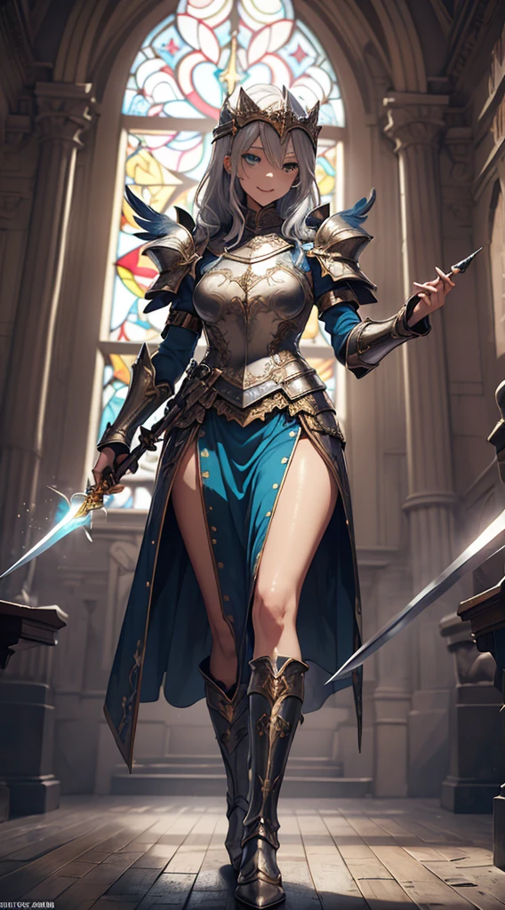 (Official art、Best Quality、Unity 8k Wallpapers、32K、masterpiece、ultra-detailliert、超A high resolution、realisitic、Photorealsitic、absurderes:1.2)、(Cinematic lighting:1.2)、Fireglow effect、film grains、Best Shadows、Rim lighting、side lights、(Ultra-detailed and complex 3D rendering)、Detailed beautiful face and eyes、Sharp pupils、Realistic pupils、A slender、1Man Woman、Medium bust、(Full body:1.2)、 beauitful face、1 beautiful girl、(super detailed skin、detailed skin textures:1.3)、(silver blond、Blue-silver hair:1.3)、Paladin、Longhaire、Blunt bangs、Green eyes、3 braids in 1 bunch、(Blue Armor、Blue Boots、Blue helmet、Jeweled、Gold embroidery)、A slender、Maxi skirt、(thighs thighs thighs thighs:0.8)、(chies、in a house、Artistic stained glass、Large pipe organ、crosses、Hello Point、Mystical、a lot of feathers float、angelicales、Particles of light、solemnity、Sunlight is、colourfull、Fantastical:1.2)、(Fantastical:1.3)、(Holding the Holy Sword:1.4)、(Looking away、looking distantly:1.3)、Fantastical、Smile with open mouth