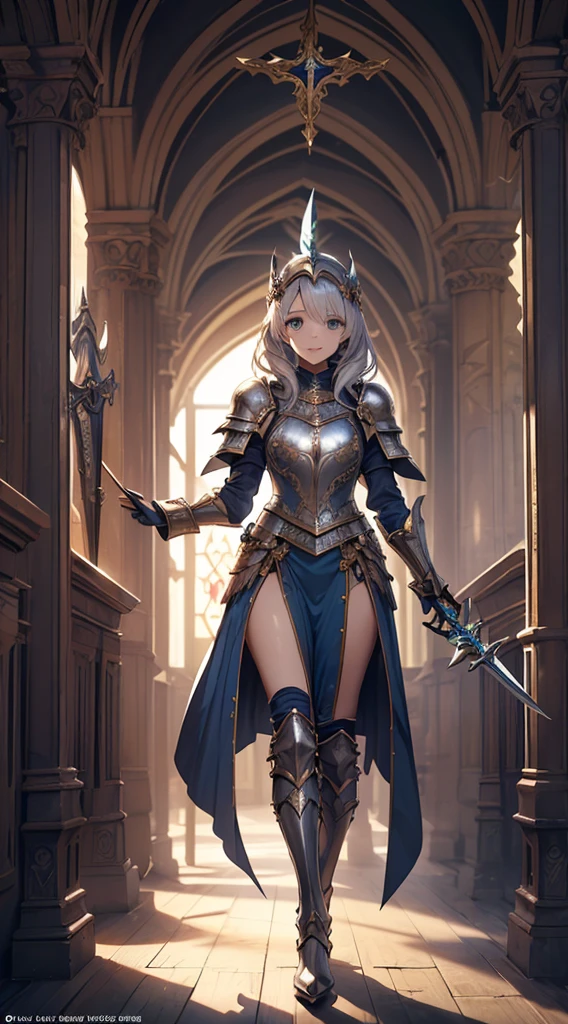 (Official art、Best Quality、Unity 8k Wallpapers、32K、masterpiece、ultra-detailliert、超A high resolution、realisitic、Photorealsitic、absurderes:1.2)、(Cinematic lighting:1.2)、Fireglow effect、film grains、Best Shadows、Rim lighting、side lights、(Ultra-detailed and complex 3D rendering)、Detailed beautiful face and eyes、Sharp pupils、Realistic pupils、A slender、1Man Woman、Medium bust、(Full body:1.2)、 beauitful face、1 beautiful girl、(super detailed skin、detailed skin textures:1.3)、(silver blond、Blue-silver hair:1.3)、Paladin、Longhaire、Blunt bangs、Green eyes、3 braids in 1 bunch、(Blue Armor、Blue Boots、Blue helmet、Jeweled、Gold embroidery)、A slender、Maxi skirt、(thighs thighs thighs thighs:0.8)、(chies、in a house、Artistic stained glass、Large pipe organ、crosses、Hello Point、Mystical、a lot of feathers float、angelicales、Particles of light、solemnity、Sunlight is、colourfull、Fantastical:1.2)、(Fantastical:1.3)、(Holding the Holy Sword:1.4)、(Looking away、looking distantly:1.3)、Fantastical、Smile with open mouth