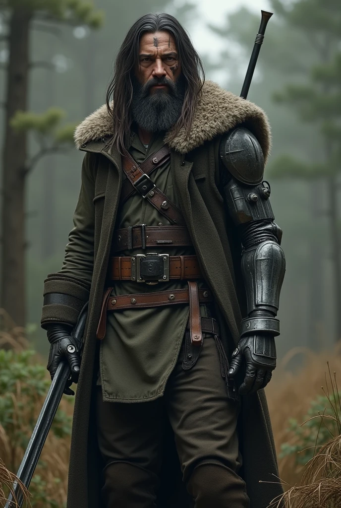 1 man, tall, long dark hair, beard, with a dark metal arm, scar on his face, calm look, hunter's clothing