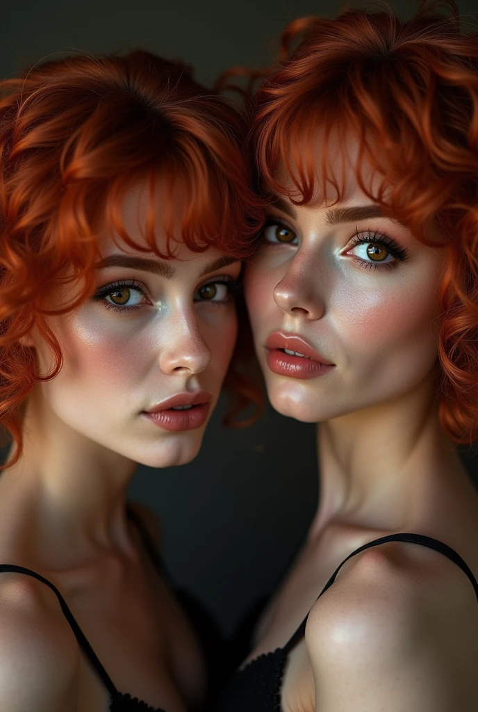 3 woman, short curly cherry red hair, middle mouth,dark brown eye, middle nose , dark brunette