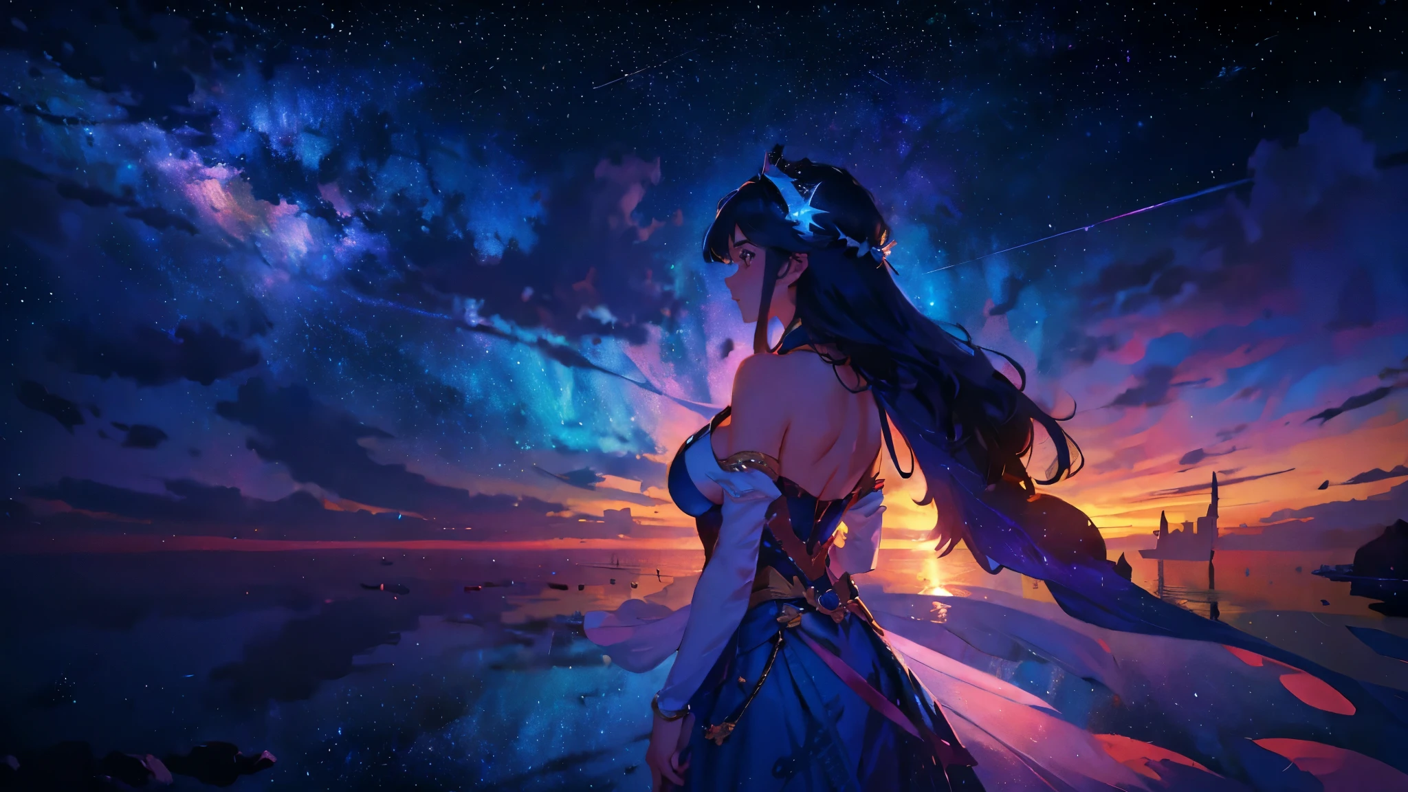 8K resolution, masterpiece, Highest quality, Award-winning works, unrealistic, sole sexy lady, healthy shaped body, elegant, white wavy long hair, hair band, big firm bouncing bust, Royal Jewel, nature, Symmetric, A fighting girl gazing at the stars (Zoom out: 1.1), (Meteors: 1.2), (comet:1.1), cloud, colorful, starry, stars your name, Alolan Volaris Shooting Star, Low angle, From the back, cloud, colorful, Starry Sky, Fantasy, Unreal 5, Surreal, Dynamic Lighting, Complex colors, detailed face, detailed Beauty,
