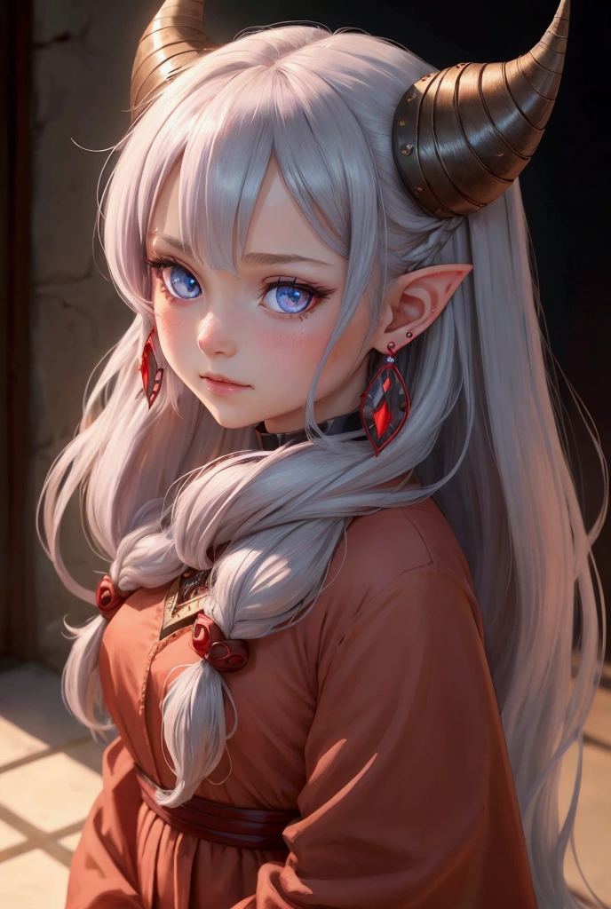1 girl, Long hair, looking at the viewer, blush, fringe, blue eyes, Red eyes, Love, earrings, horns, pointy ears, masterpiece, anatomically correct, The best quality, necessary,