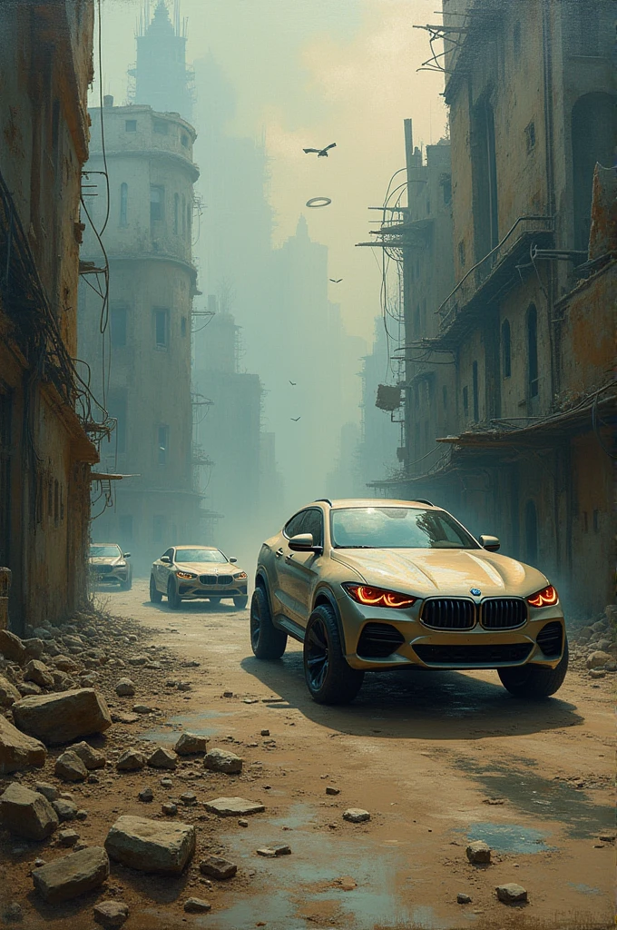 surrealism art, cars in a dystopian future, in a kind of dream, oil painting