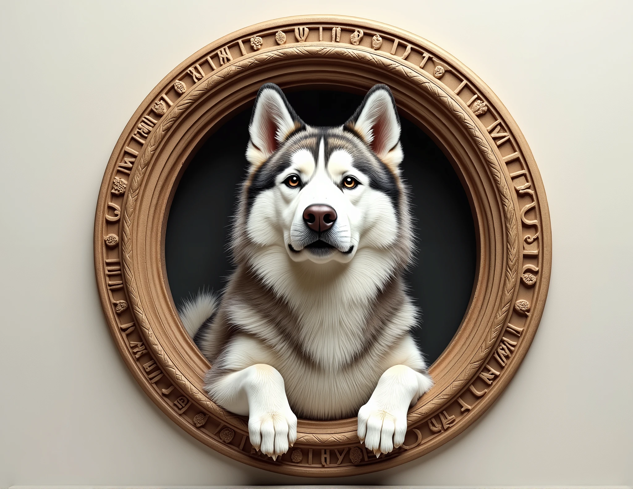 a Round Ornament in the style of Pino Daeni Impressionism. A 3D Relief image of a Malamute, Chest shot, Closeup, popping out of the 2D ornament.
The artwork should have detailed textures. It is to be displayed on paper, showcasing intricate details and depth through layers portraying the unconditional love of a pet, and the harmony, balance, and serenity that a pet dog has to offer. 
The 2D circular ornament is trimmed with a band of sacred geometry.