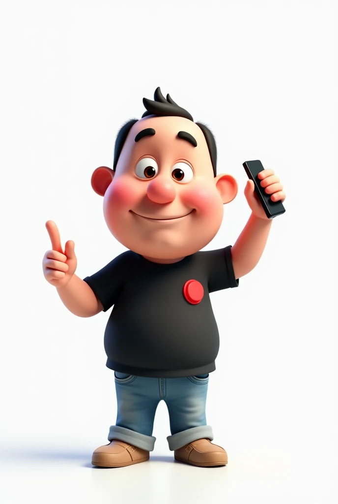 Create a Disney Pixar style character in a white setting a white man,Round face, narigudo, with thick eyebrows, the short hair, short, wearing a black t-shirt with a red circle on the left chest and jeans, with one hand holding a cell phone and the other pointing upwards