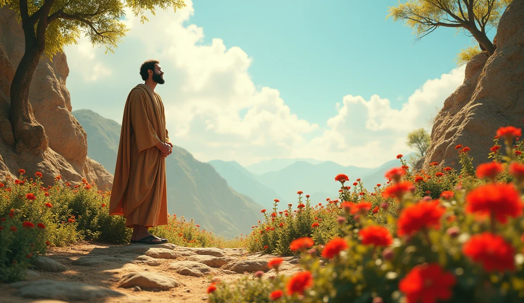 Design a hopeful and uplifting image of Job standing in a restored and vibrant landscape. Include elements of renewal and growth, such as blooming flowers and a bright, clear sky, to convey the themes of hope and rene