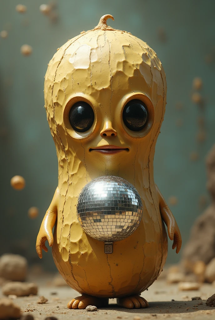 a peanut shaped head with mouths for eyes and eyes for nose and a disco ball for a mouth