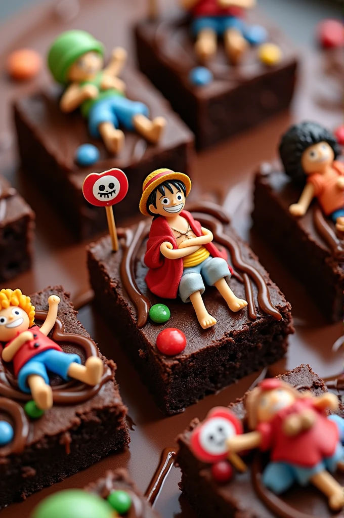 I need you to create a chocolate brownie for me and put candy etc. on top, but make something related to the One Piece anime.