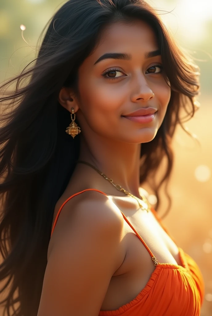 256K portrait of beautiful white Tamil girl, black hair, pink lips, finely detailed beautiful gorgeous full body, black eyes, round deep navel, soft skin, (bright smile:0.6), realistic, soft sunlight, intricate detailed face, elegant, highly detailed, majestic, digital photography, (masterpiece, high quality, sidelighting:1.2), HDR