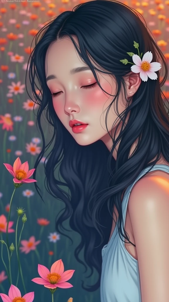 A woman with a flower in her hair standing in a field of flowers topless