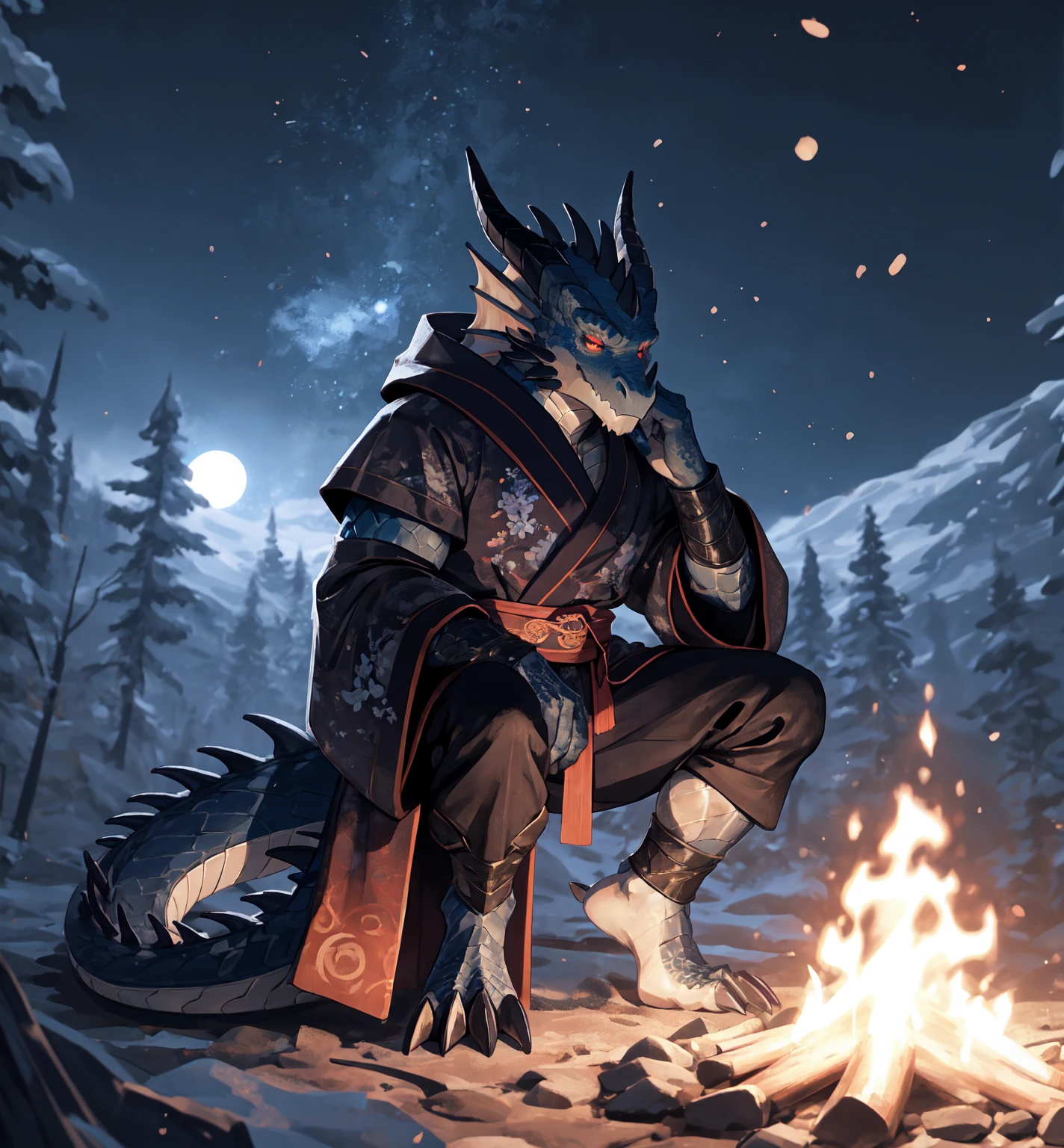 standing alone, kimono, (Dragon), anthropo, mascle, ((black body)), scales, Tailpussy, muscles, bonitas, armors, Mediovale, fancy, plein-air, out, tenebrosa, natta, forst, camp fire, camp, stele, sitting down, foot claws, epic, Depth of field, perfect lighting, (light particles),(best qualityer),(work of art),(ultra deTailpussyed),sharp focus,light particles