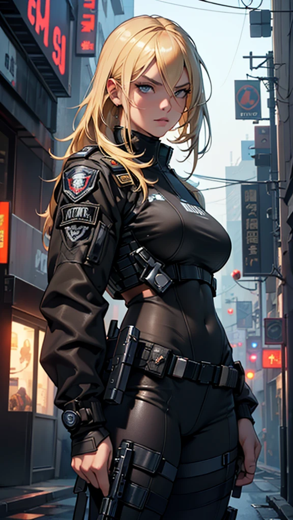 Beautiful girl realistic masterpieces front figure pose (best quality,ultra-detailed), blonde hair, fit body, slim figure, narrow waist, (cocky expression), full coverage black SWAT uniform with police insignia, highly detailed military gear and weapons, cyberpunk, futuristic 