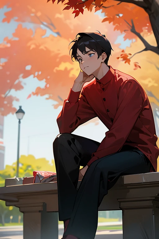 A young man in a red shirt and black pants is sitting in the park thinking