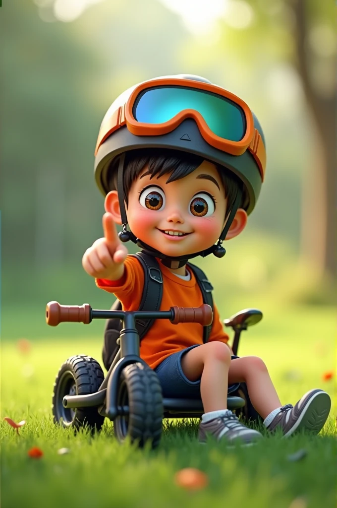A Thai boy wearing a helmet and goggles is sitting on the grass. He is pointing at the camera with his right hand. A balance bike is next to him.