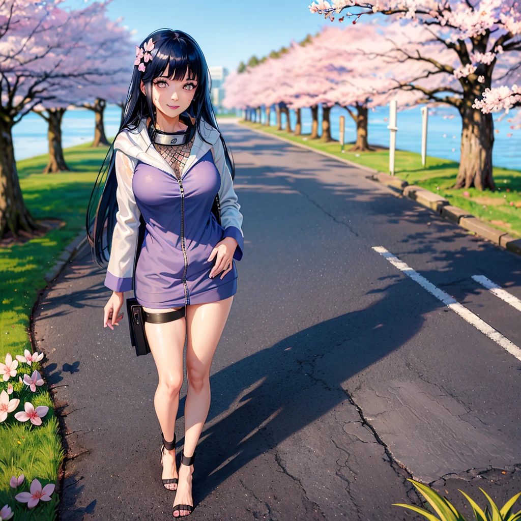 H1N4T4, 1 girl, hyuuga hinata, standing alone, (realisitic:0.5), work of art, standing alone, (best qualityer, perfect detailed, beautifully detailed Face, detailed eyes), shining bright, ray tracing, DOF, HDR, gradient eyes, sharp eyelash, ((eyelash)), mascara, detail_Face, eyelash, shiny hair, flerting, seductive ssmile, parted lips, breasts big, (soft particles floating:1.1), ((looking ahead at viewer)), (playmate pose:1.1), (whole body:1.1), ((8 k wallpaper)), ((high resolution)), long hair, Bblack hair, eye white, (tight, wet white panties:1.2), hand on hip, hooded cloak, bangss, whole body, standing, Blurry, looking ahead at viewer, long sleeves, ssmile, (grass field:1.4), (tree:1.2), (cherry blossom flower:1.3), (blue sky:1.3), (floor),