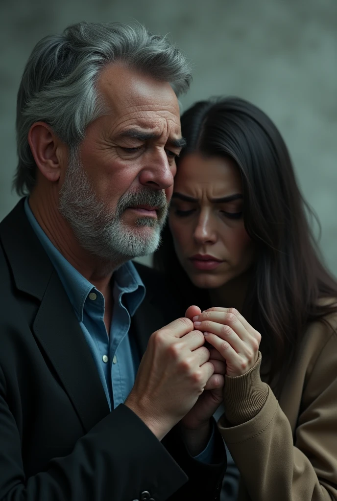 Sad middle-aged man with girlfriend by his side who doesn't care about his sadness