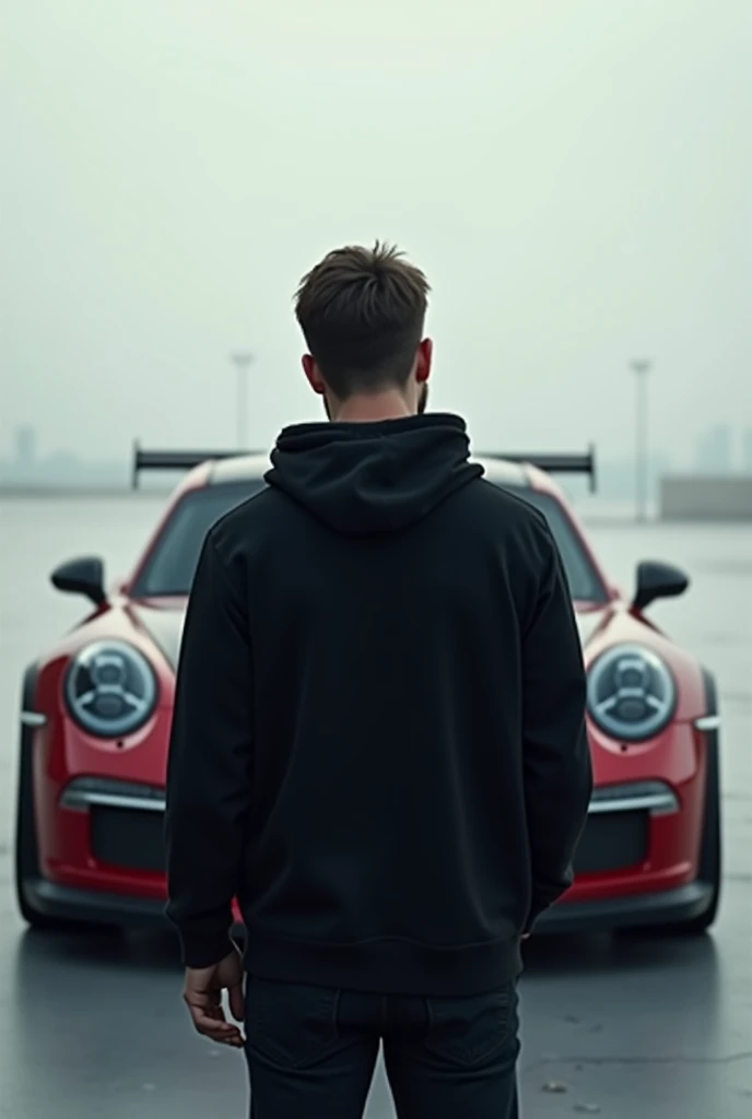 A man with his back turned and in front of him a Porsche GT3, the man in a black sweatshirt with his head down, put him on his back 