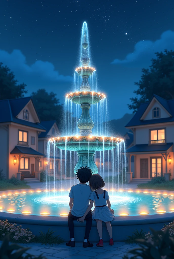 Make a water fountain with houses around it, at night and with lights around the fountain, Now to that fountain add a girl sitting on the edge of the fountain looking at the sky with her back to the sky. Now to that fountain add a boy looking at the sky., and the girl rests her head on his shoulder 