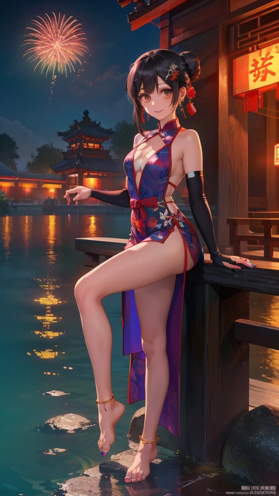 masterpiece,best quality,official art,extremely detailed CG unity 8k wallpaper, (wide shot),1girl, (Miyu Edelfelt),,black hair,brown eyes,seductive smile,(cleavage cutout), barefoot, sheet see-through provocative dress, butterfly, butterfly hair ornament, backless dress, chinese clothes,sleeveless, double bun,golden dragon print,bare foot,spread legs,elbow gloves,hair bun, hair ornament,jewelry,earrings,bead anklet,slim legs,nail polish, small breasts, solo, toenail polish, toenails, toes, twintails,outdoor,Chinese style architecture, Chinese style, lake, ancient town, beautiful and meticulous water,the red lantern,fireworks,