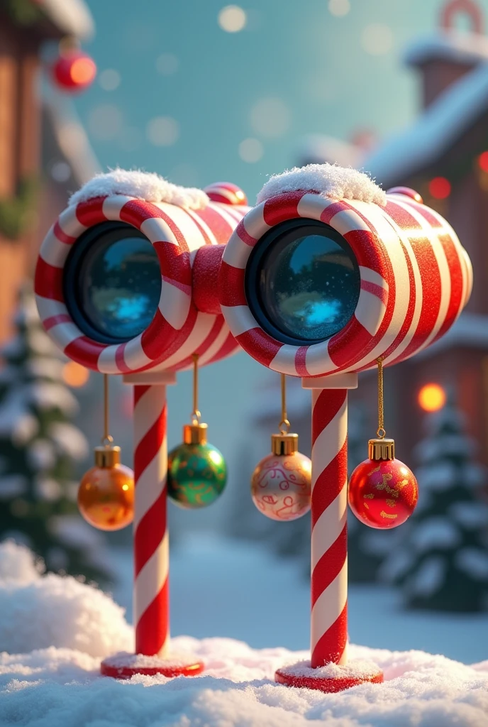 candy-shaped binoculars used to watch Christmas and with Christmas balls hanging from them