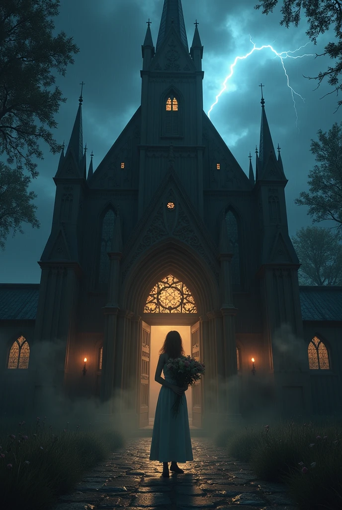 Dark church lit only by candles , rainy night with storms , trovoes, lightning strikes , realistic 3d drawing . macabre church , lightning strikes noiva na porta da igreja , afraid that something is wrong, troubled face , terror bouquet of roses you throw to the ground and leave 