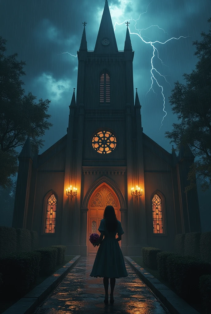 Dark church lit only by candles , rainy night with storms , trovoes, lightning strikes , realistic 3d drawing . macabre church , lightning strikes noiva na porta da igreja , afraid that something is wrong, troubled face , terror bouquet of roses you throw to the ground and leave 