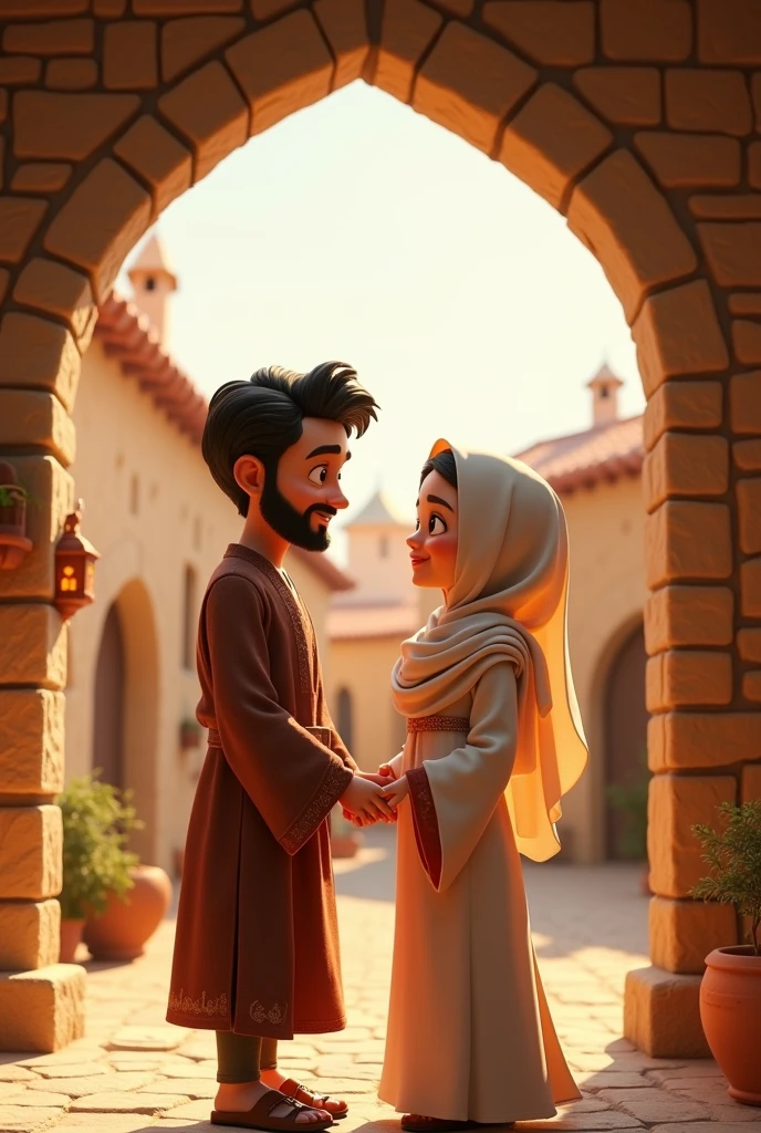 In a Disney Pixar style Create a young man dressed in a biblical times style robe with black hair and eyes, and beard, holding by both hands a pretty young woman with black hair and eyes wearing a hijab on her head, in a stone house in a biblical-style village in Jerusalem.